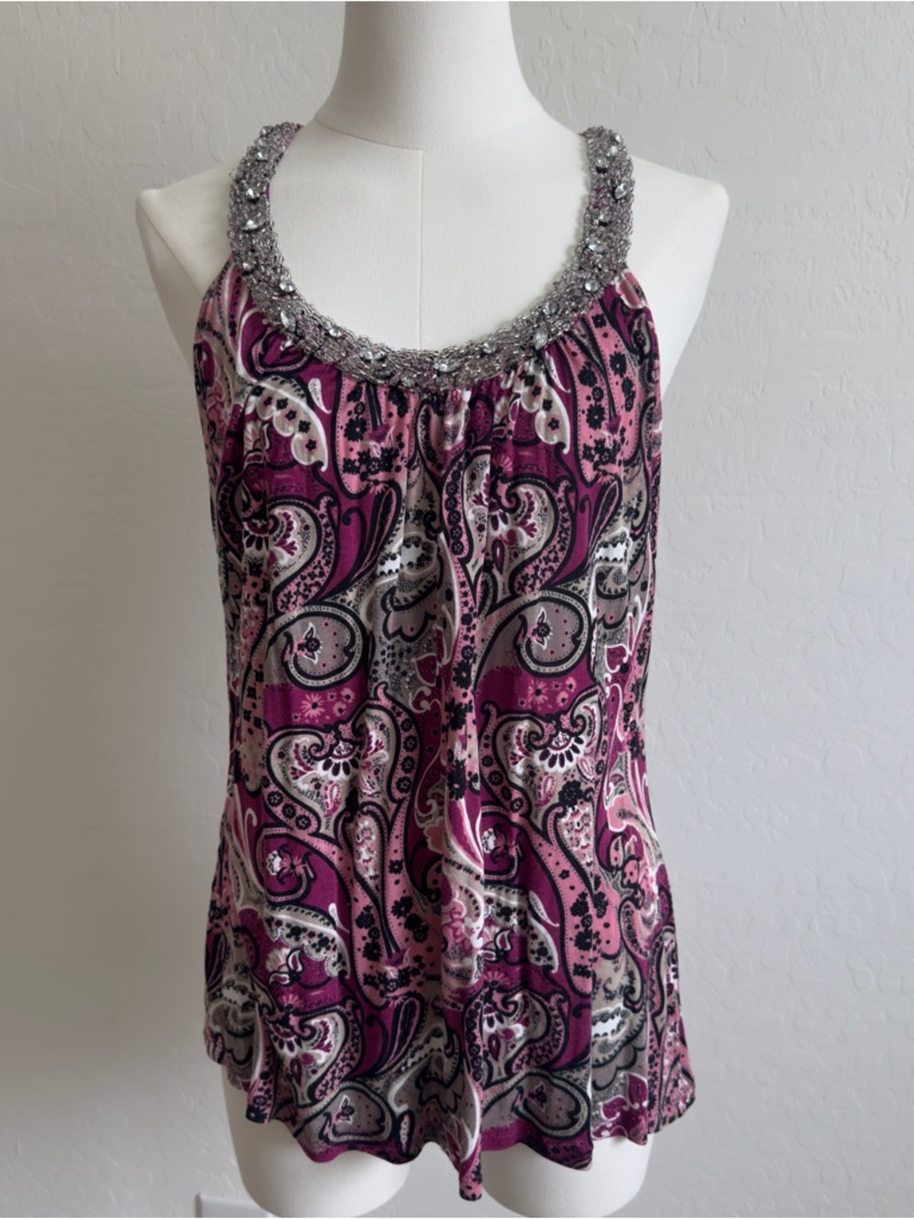 2000s Beaded Neck Pink Paisley Sleeveless Tank